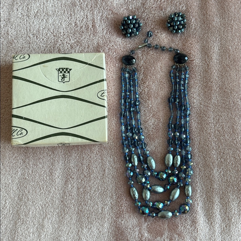 Vintage Aurora Borealis Blue Iridescent Crystal Classic Necklace Earrings Set